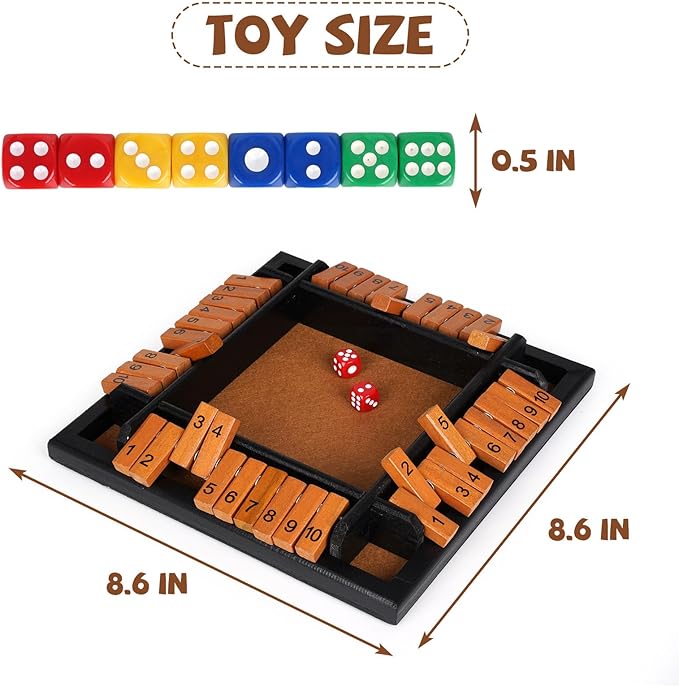 Shut The Box Dice Game, 1-4 Players Wooden Family Board Math Game with 12 Dice ，Pub Strategy Dice Game for Adults Classic Tabletop Educational Game for Family, Classroom, Home