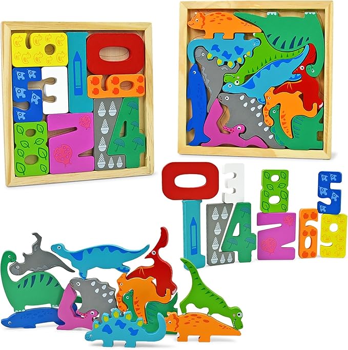 Vileafy 2-in-1 Montessori Toys for Toddlers – Wooden Dinosaur Puzzle and Number Building Blocks for Boys and Girls, Early Educational Pegged Puzzles for Prescgool Toys