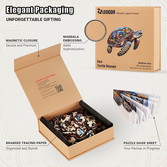 LEOGOR Wooden Jigsaw Puzzles for Adults 200 Pieces (16 × 10.4 in), Sea Turtle Puzzle, Extra-Thick 5mm Wood, Colorful Ocean Mosaic, Unique Gift for Adults and Teens