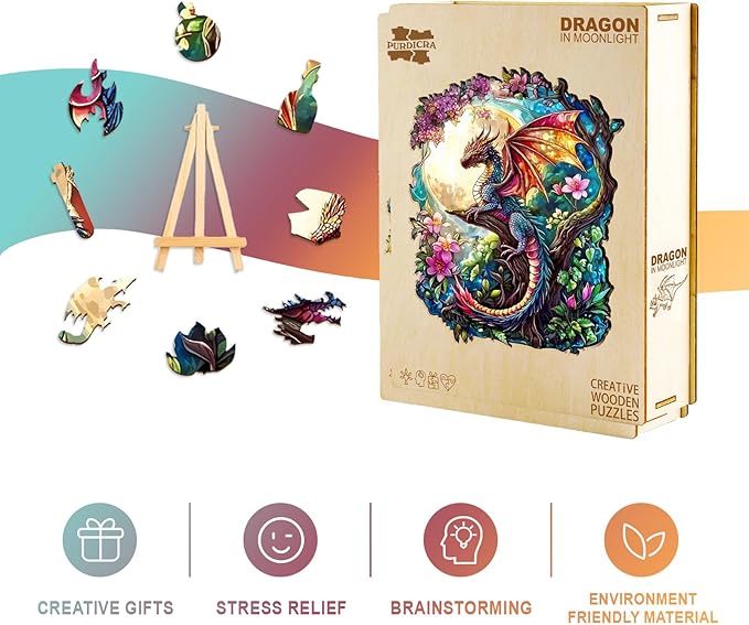 Wooden Puzzles for Adults - Dragon in Moonlight Wooden Jigsaw Puzzle, Unique Animal Shaped Wood Puzzles Adult, Christmas Birthday Gifts for Friends/Family, Home Decor 8.5 * 6.9in 85pcs