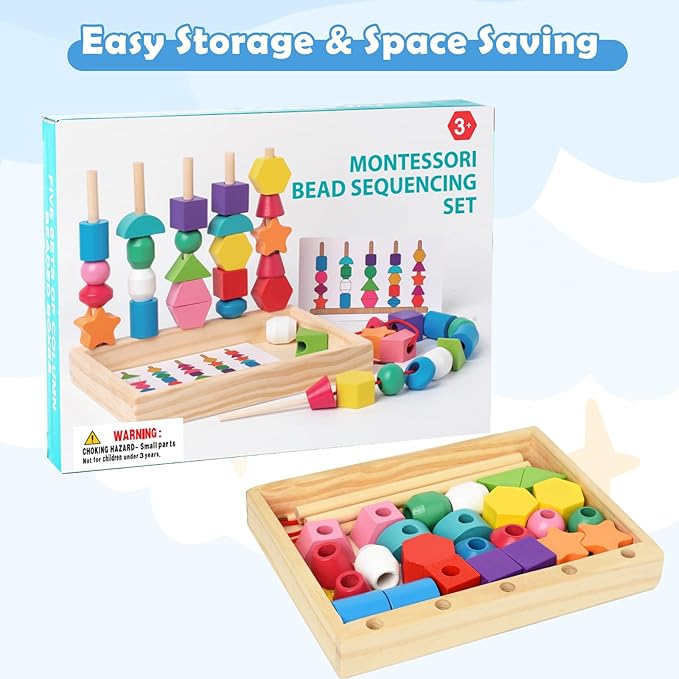 Montessori Bead Sequencing Set for Kids, Wooden Lacing Beads Toys for Toddlers, Matching Color Shape Stacker for 2 3 4 5 Years Old, Preschool Learning Educational Toys Gifts