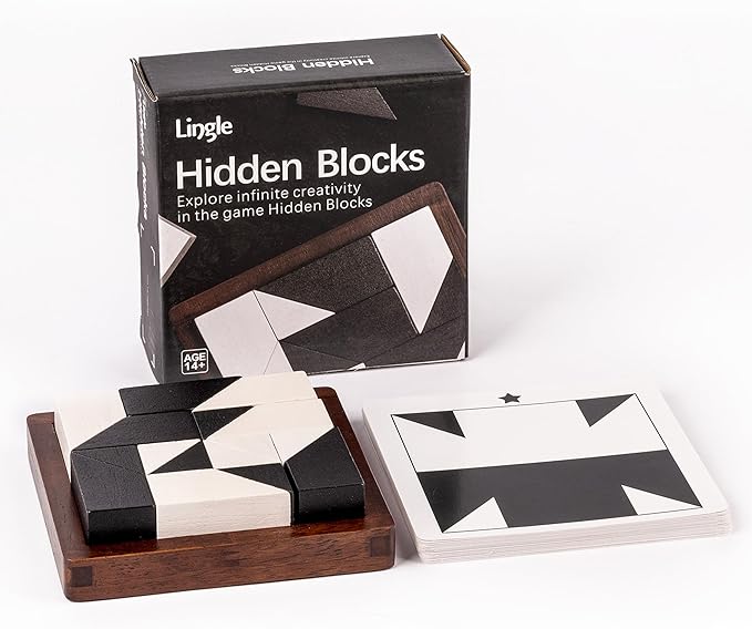 Wooden Hidden Blocks Puzzle Game - 80 Brain Challenges with Solid Wood Box & Deluxe Black and White Pieces, 3D Logic & Spatial Thinking Tabletop Toy, Perfect for Family Fun & Creative Gifts
