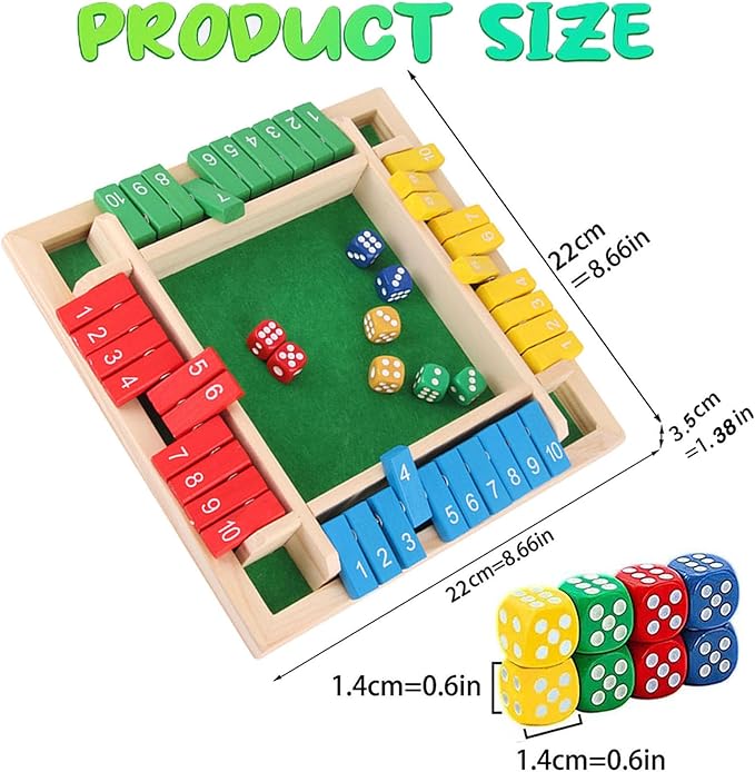 Shut The Box Game, 1-4 Players, Classic 8Dice Closed-Box, Improves Mathematical Skills, Suitable for Families, classrooms, and Gatherings (8.66 inches, Vibrant Colors)