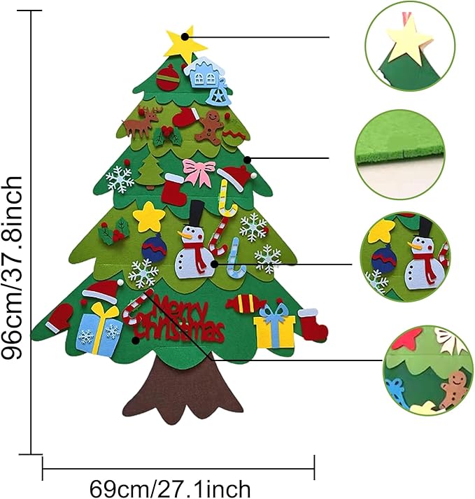 Felt Christmas Tree for Toddlers, Christmas Tree Felt with Lights, Ideal DIY Felt Christmas Tree Set, Decorations Christmas Wall Hanging, Kids Gifts Party Supplies