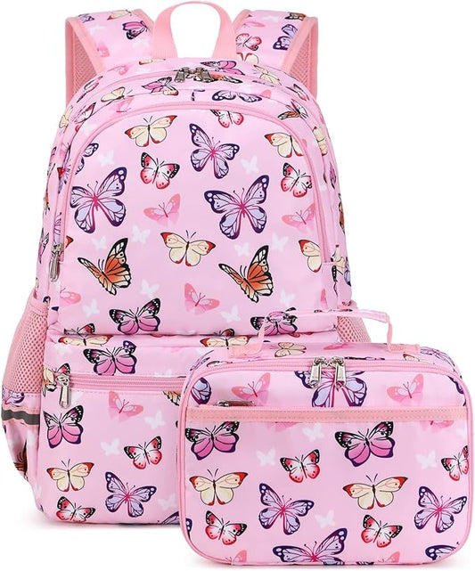 JIANYA Girls Backpack for School Elementary Kids Bookbag School Bag with Lunch Box, Butterfly Pink