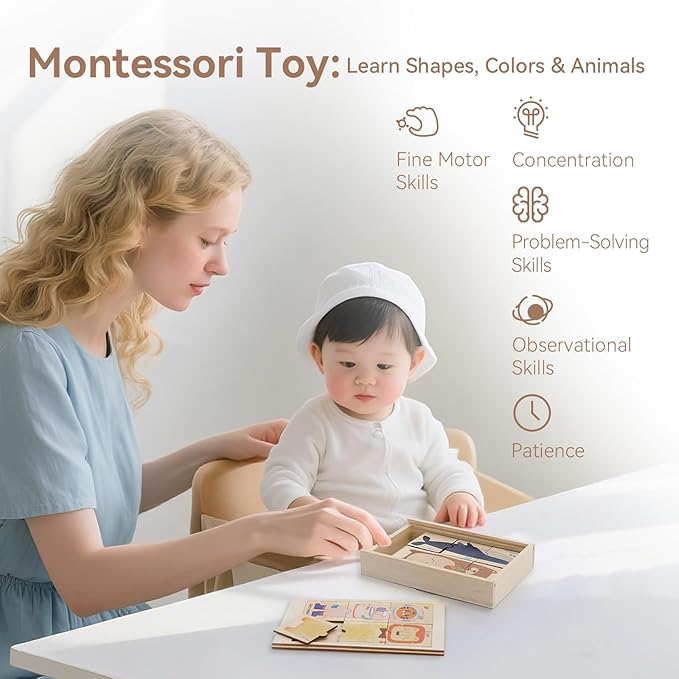 Wooden Animal & Career Jigsaw Puzzle for Toddlers Ages 3-5: Colorful Montessori Matching Puzzle with Chunky Pieces, Developing Fine Motor Skills & Cognitive Awareness