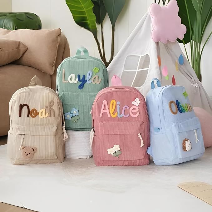 Personalized Corduroy Backpack for Girls Boys, Custom Name School Bag with Cotton Rope Woven, Customize Back to School Bag Gifts for Kids, Birthday/Christmas Gift