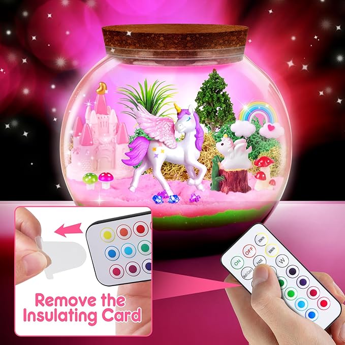 RONSTONE Light-Up Unicorn Terrarium Kit for Girls – DIY Arts & Crafts Gift with Remote-Control LED Night Light – Fun Unicorn Toys for Kids Ages 4 5 6 7 8 9 10 – Birthday or Christmas Gift for Girls