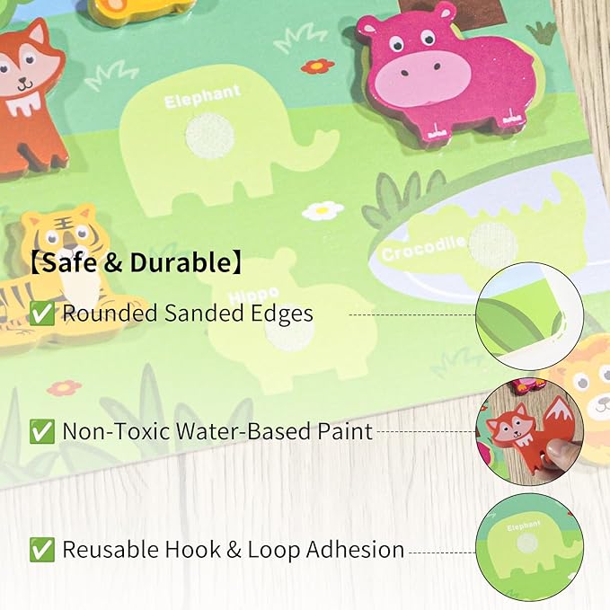 Hook & Loop Wooden Puzzles for Toddlers | Montessori Learning Toys with 4-in-1 Themes | Ocean, Jungle, Transportation, Fruit | Secure Adhesion & Educational Gifts
