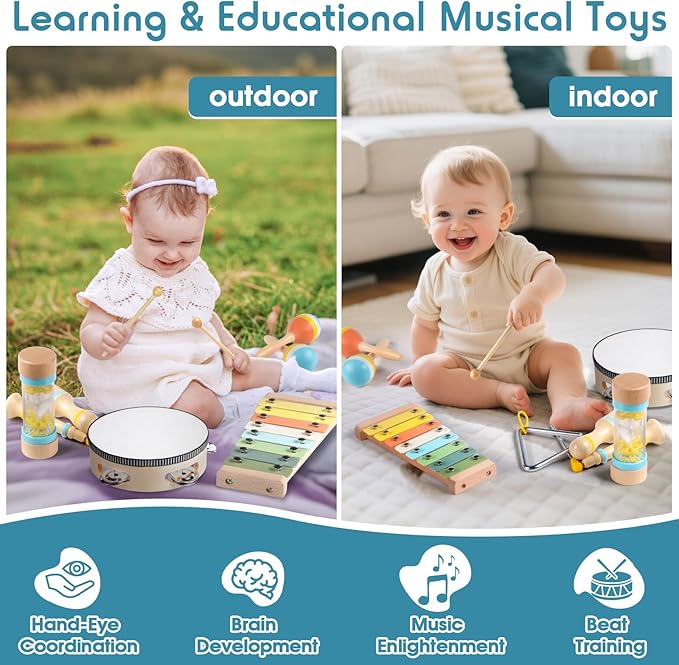 Toddler Musical Instruments Set, Wooden Montessori Toys for 1 2 3 Year Old Boys Girls, Baby Musical Toys with Storage Bag for Early Learning, Christmas Birthday Gift for Kids Preschool Educational