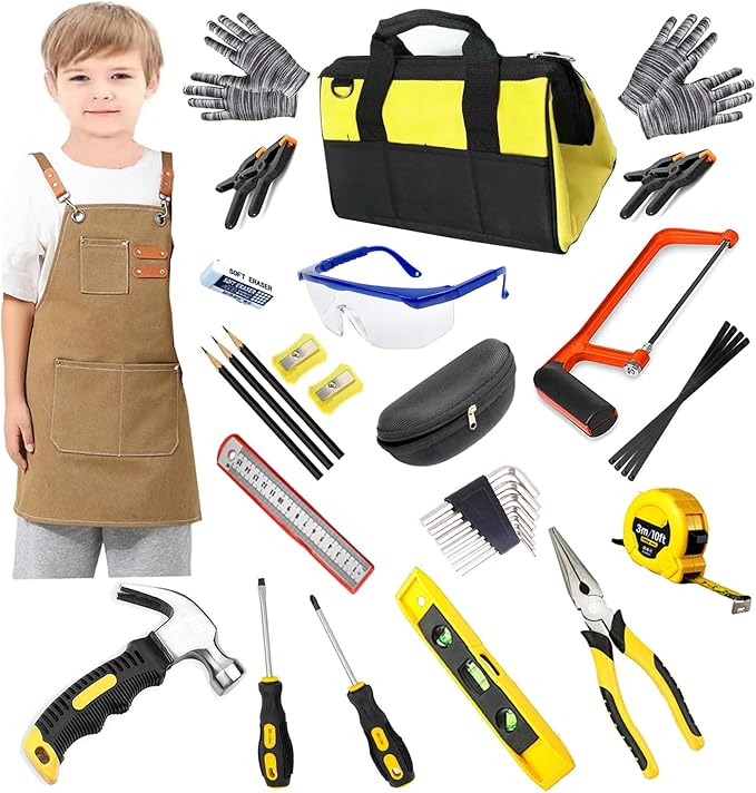 Kids Real Tools Set, Woodworking Tool Set, 38 Pieces with Tool Bag, Wood Workers Apron, Hand Saw,Children Construction Learning Gift