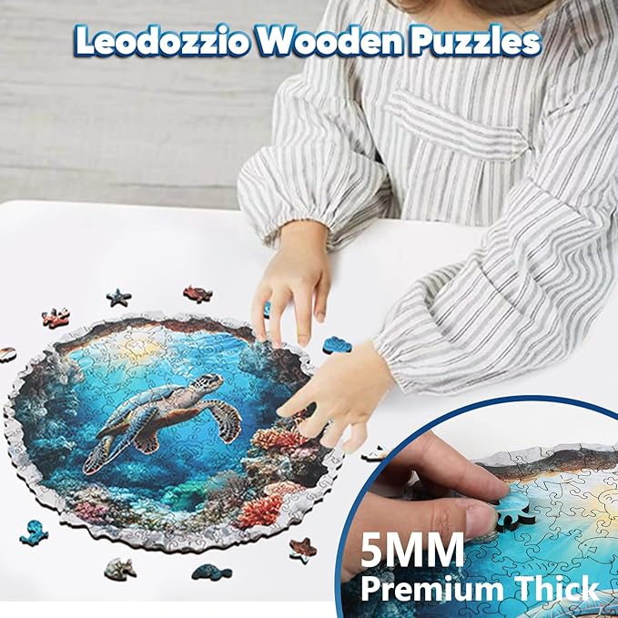 Leodozzio Wooden Puzzles for Adults, Sea Turtle Jigsaw Puzzles 200 Pieces-5MM Thickness, 11.2x11.2 Inch, Unique Shaped Wooden Puzzle, Birthday Gift Family Game