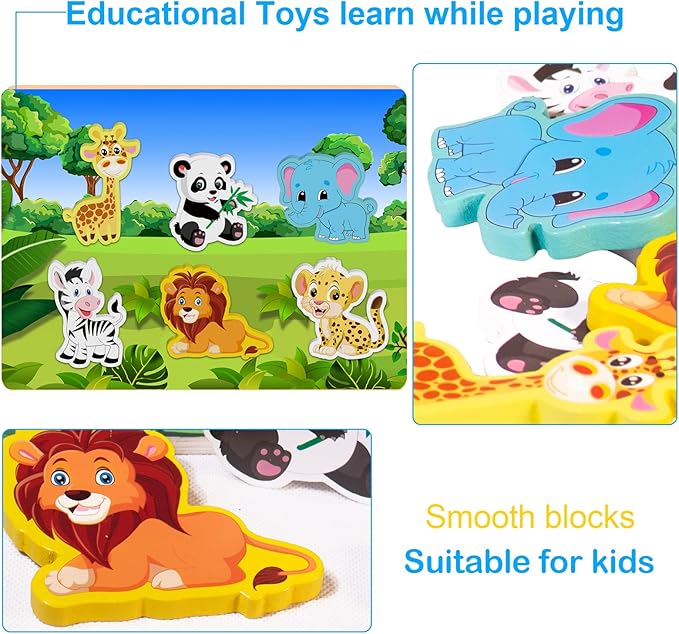Wooden Peg Puzzle for Toddlers 1-3 Year Old,Funsland Puzzles Gifts Colorful Toys Cartoon Gifts,Zoo Animals Puzzles