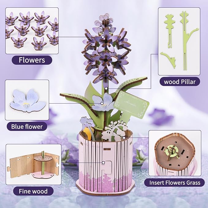 Insgen 3D Wooden Flower Puzzle for Adults, 3 Flowers Bouquet Building Sets, Wooden Flower Kit DIY Botanical Art Craft Model Kit Home Décor for Lovers Nature Enthusiasts