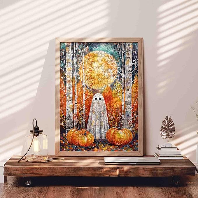 Halloween Puzzle for Adults 1000 Pieces Cute Ghost in Autumn Forest Jigsaw Full Moon Pumpkin Fall Aesthetic Puzzles Spooky Fun Challenging Puzzle for Women Men Teens Family Halloween Decor Gift