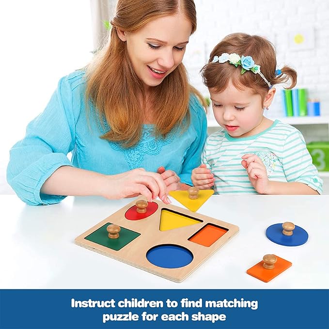 Montessori Wooden Puzzle Board Knob Wooden Puzzle Geometric Shape Puzzle Early Education Material Sensorial Toy for Toddler Shape & Color Sorter (5 Geometry Shape)
