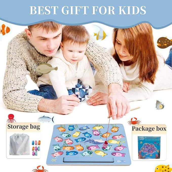 Magnetic Fishing Game for Toddlers, Wooden Alphabet Puzzle Maze Board, Preschool ABC Uppercase Lowercase Letter Matching Game, Montessori Educational Fine Motor Skill Toy for Boy Girl Kids