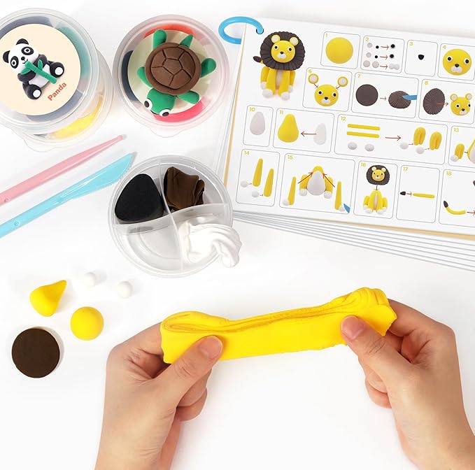 Air Dry Clay Kit for Kids, 12 Animals Modeling Clay with Tutorial Cards & Video, 8 Sculpting Tools, Ultra Light, Safe & Non-Toxic, DIY Art and Crafts Gifts for Boys Girls