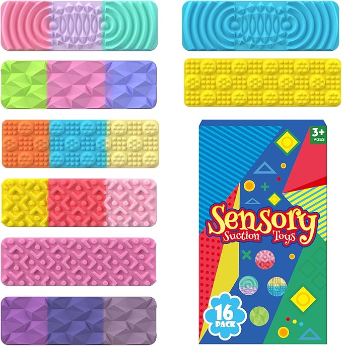 Fidget Toys for Kids Sensory Strips: 16 Pack Textured Suction Toys for Autism Kids Calming - Stress Toys for Autism Calming - Fun Fidgets for Student Classroom Prize Stocking Stuffers