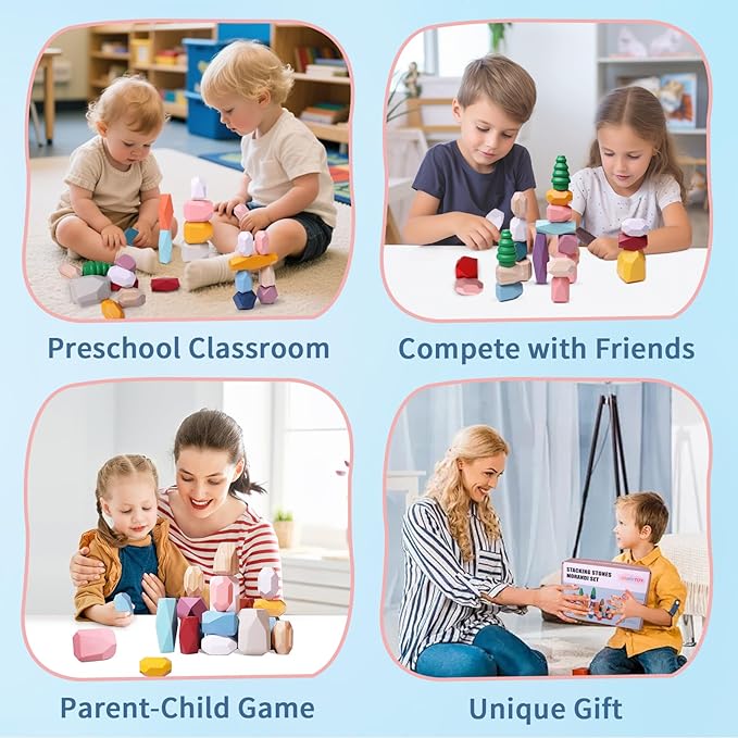 48 PCS Wooden Stacking Rocks Stones Building Blocks, Montessori Toys for 3+ Year Old Preschool Learning Activities Balancing Stacking Game, Birthday Gifts for 3 4 5 6 Year Old Girls Boys Kids