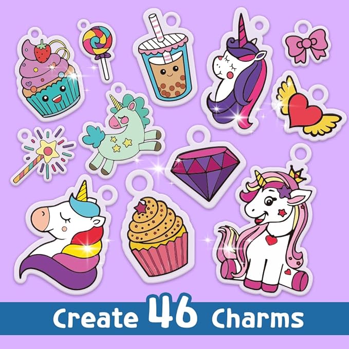 89PC DIY Unicorn Shrinking Plastic Art Kit - 46 Pre-Cut Shapes, 12 Markers & Accessories - Make Charms, Keychains & Tags - No-Mess Craft for Kids - Birthday Gift with Shrinking Plastic Sheets