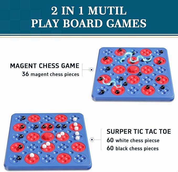 Magnetic Game Chess, Magnet Game, Magnetic Board for Kids Adults Family Games Night, 2 in 1 Multiplayer Magnetic Games with 36 Stones & Connect-5-Piece Toys, Magnet Chess Set Gift (Blue)