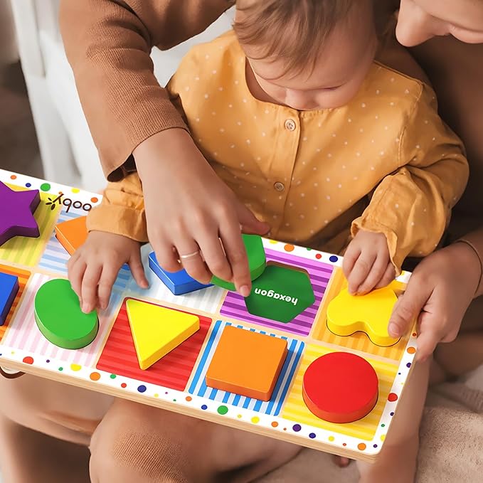 Dailyfunn Wooden Geometric Shape Puzzle (10 pcs) Toddler Puzzles for Ages 1-3 Years Old 12-18-24 Months