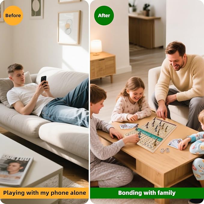 Horse Race Board Game – Thickened Wooden Chessboard with 11 Metal Horses, 2 Dice & 2 Card Decks, Family-Friendly Horse Racing Game for Kids, Adults, Friends & Strategy Game Nights