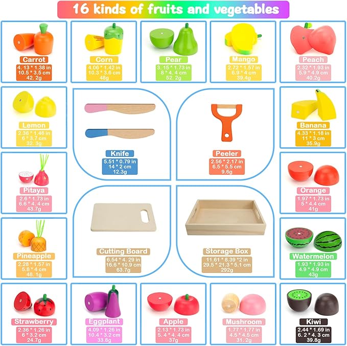 Wooden Play Food Sets for Kids Kitchen - Cutting Fruits and Veggies Toddler Toys Pretend Food Play Kitchen Accessories Montessori Educational Toys Gifts for Kids Boys Girls 3+