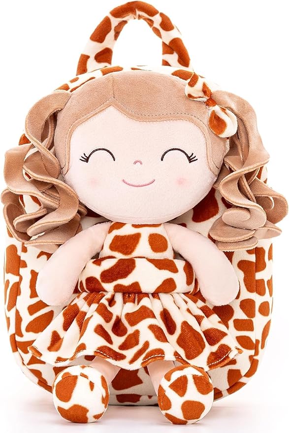 Gloveleya Toddler Backpack Baby Girl Gifts Curly Hair Plush Figures Dress Backpack Kids Backpack Curly Animal - Giraffe 9inches