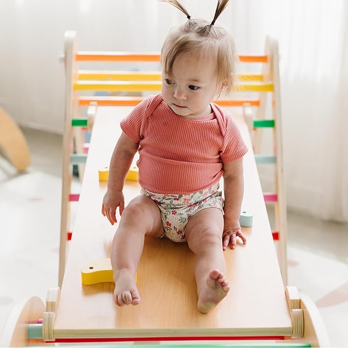 Asweets 4 in 1 Pikler Triangle Gym, Montessori Foldable Climber with Ramp, Indoor Climbing Toys for Kids, Climbing Triangle for Toddlers Arch Climber, Rocker, Learning Waldorf Children Toy, Rainbow