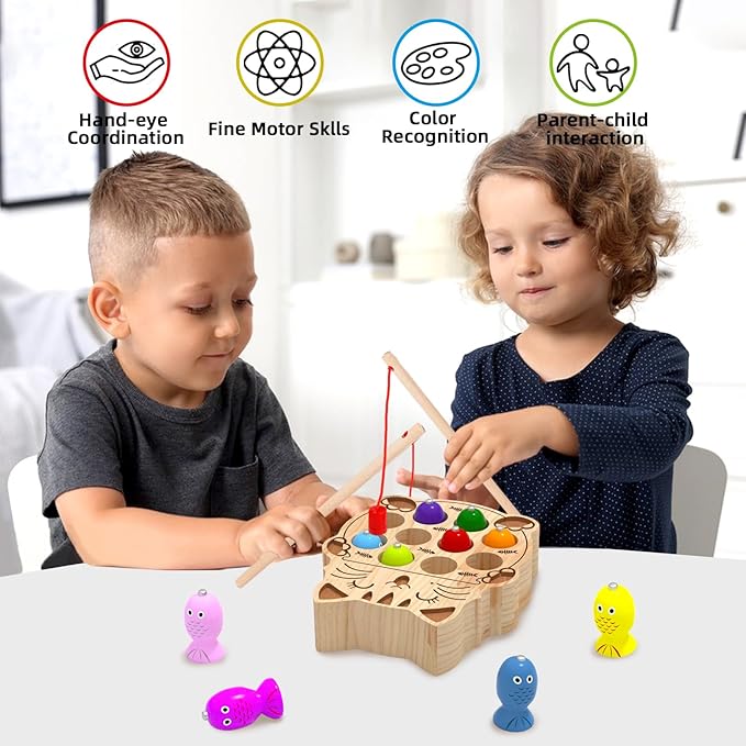 Wooden Magnetic Fishing Game for Toddlers 2-4, Montessori Sensory Busy Board Educational Learning Fine Motor Skills Toys for 2 3 4 Years Old Boys Girls