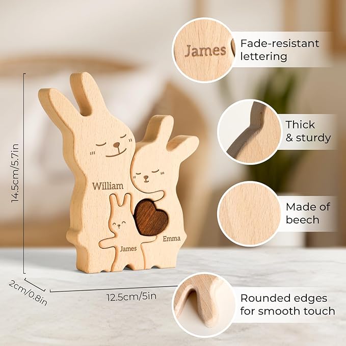 Bunny Family Puzzle, Personalized Wooden Puzzles with 2–5 Names, Easter Gifts for Kids, Rabbit Toys Easter Anniversary Wedding Gifts for Women Men Family Couple