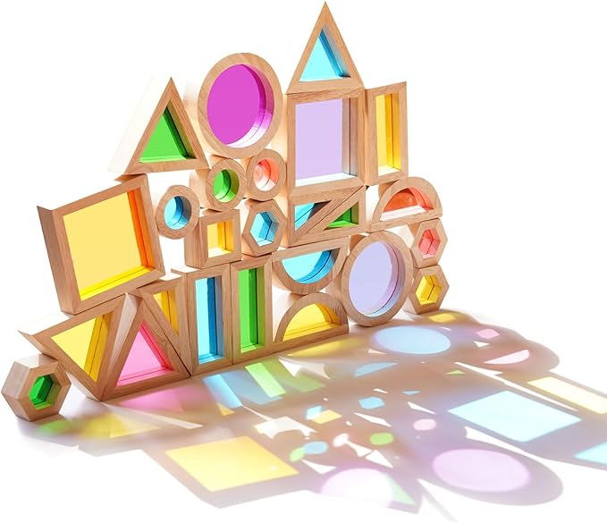 Wooden Rainbow Building Blocks for Kids 32 Pcs Rainbow Stacker Stacking Blocks Game Colorful Construction Toys Preschool Learning Educational Toys -Geometry Wooden Blocks for Boys & Girls