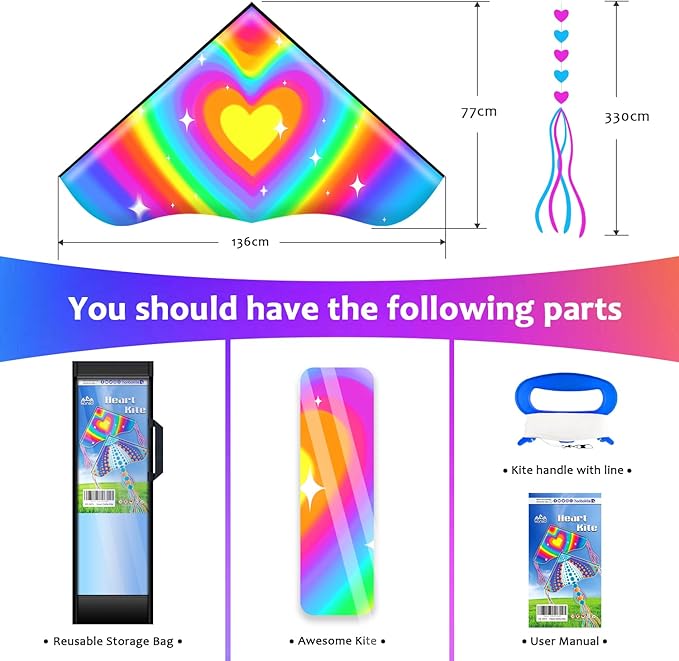 HONBO Large Delta Kite for Kids & Adults,Extremely Easy to Fly Kite for Beach Trip,String Line Included,with Colorful Tail,Perfect for Beginners