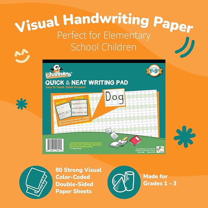Channie's Quick & Neat Writing Pad, Practical Kids Handwriting Practice Workbook, 40 Color-Coded Double-Sided Worksheets for Easy Learning, Improves Penmanship & Writing Skills
