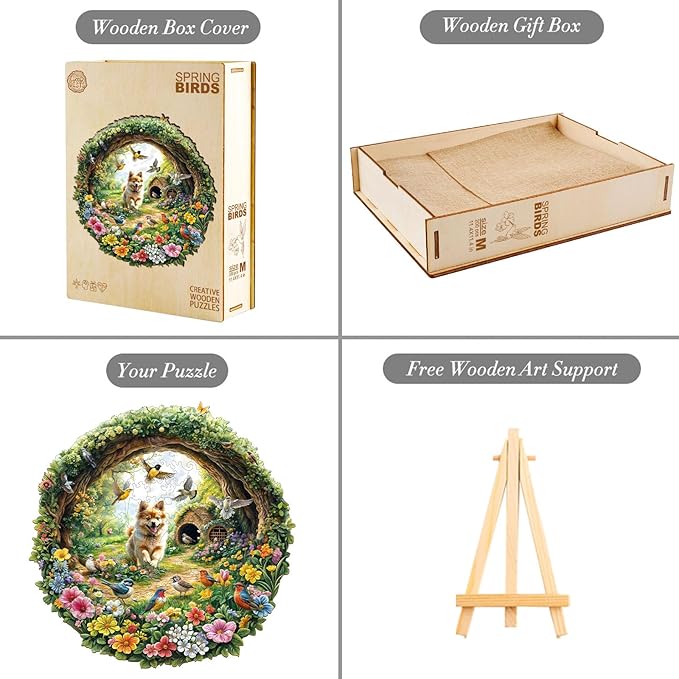 KAAYEE Wooden Puzzles for Adults, 3D Visual Effect Spring Birds Wooden Jigsaw Puzzle Unique Shape Wood Puzzle Adult, 3D Effect Flat Puzzle Birthday Family Games (M-11.4 * 11.4 in-200pcs)