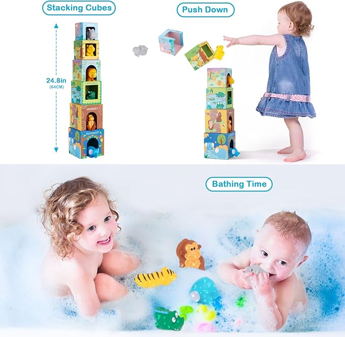 Sorting and Stacking Toys Blocks for Toddlers 1-3, Soft Safari Animal Bath Toys Age 2-4, Numbers Nesting Stackable Toys for Baby 12-18 Months, Montessori Toys Gifts for 1 2 3 Year Old Boys Girls