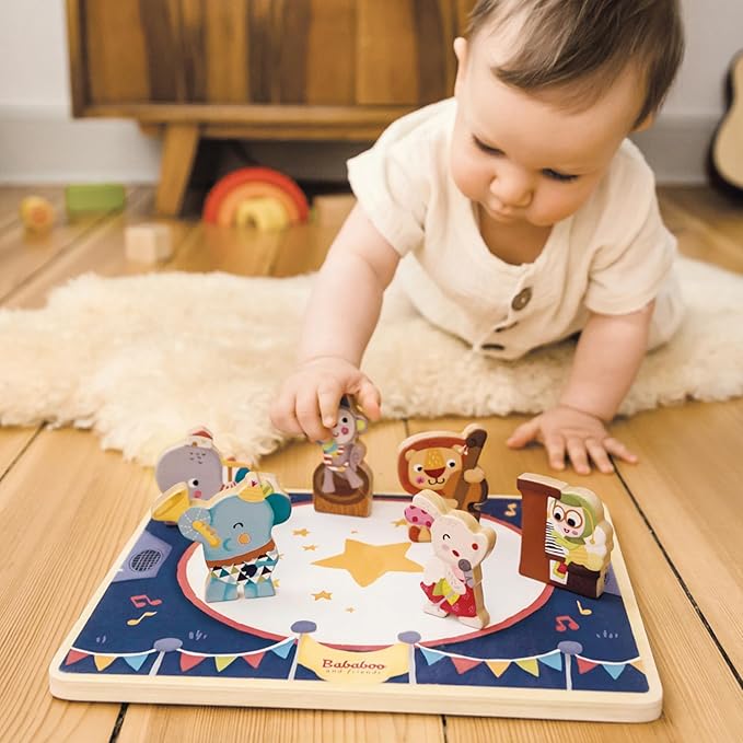 The Bababoo and friends Band Play Figure Puzzle | 12+ Months | Size 11" x 9" x .5" | Problem Solving | 7 Piece Set | Playtales Stories Included | Wood Toys Collection |