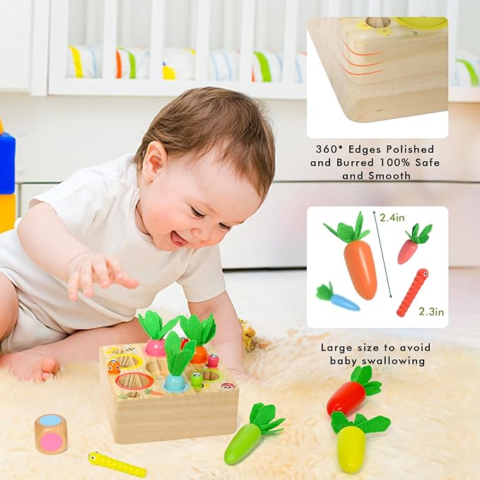 Montessori Toys for 1 Year Old, Wooden Toy for Baby 6-12 Months, Carrot Harvest Game for Kids, Shape Sorting Matching Puzzle, Educational Birthday for Boys and Girls(Pop Up Carrot)