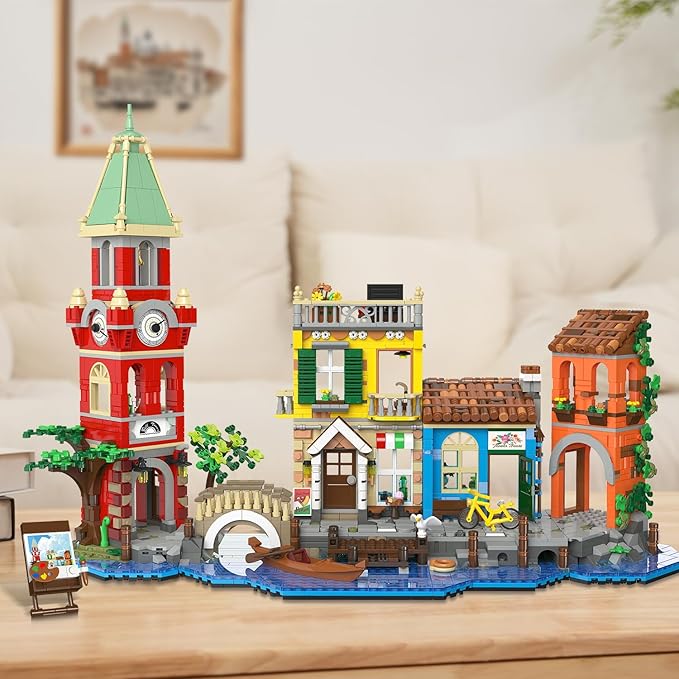 Venice Main Street Building Set for Adults, 2155 PCS City Riverside House Building Block Kit with Light Flower Shop Pizzeria, Home Decor Architecture Brick Model Women Men Teen Girl 12+