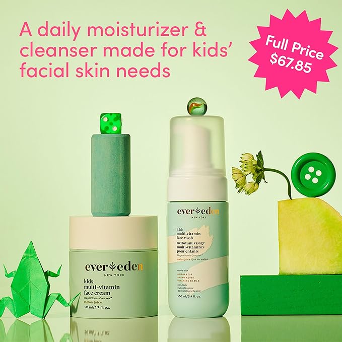 Evereden Happy Kids Skin & Lips Routine - Multi-Vitamin Face Wash & Face Cream Melon & Tinted Lip Oil Sakura Pink Set - Clean & Vegan Skin Care for Kids 3+ - Moisturizing, Nourishing, & Protective