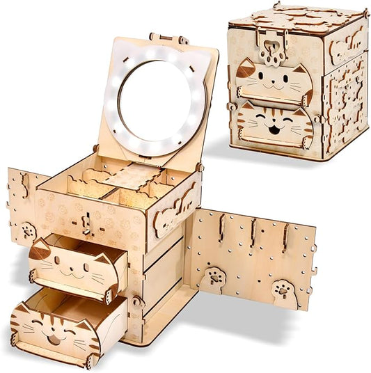 3D Wooden Puzzles for Adults: DIY Jewelry Box with Mirror, Cat Model Craft Kit, Creative Gift for Women Men Birthday Christmas Home Decor and Storage