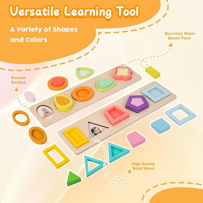 Adena Montessori Colorful Multiple Shape Puzzles Toys for 6-12 Months 1 Year Old Toddler Babies First Shapes Geometric Jumbo Knob Wooden Puzzle Color Sorter (10 Pieces)