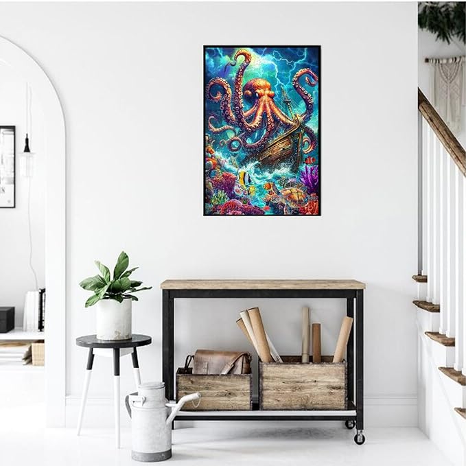 Octopus Ocean Puzzle for Adults 1000 Pieces Octopus Pirate Ship Ocean Sea Jigsaw Puzzles Marine Artwork Colorful and Fun Challenging Puzzle for Game Nights