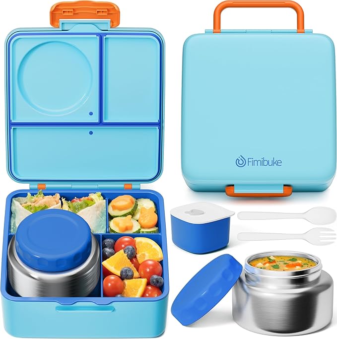 Fimibuke Bento Box for Kids Adult, BPA Free & Leakproof Toddler Lunch Box with 8.5oz Insulated Food Jar, Utensils & Sauce Jar, Dishwasher Safe 3 or 4 Compartment Container for School Girl Boy