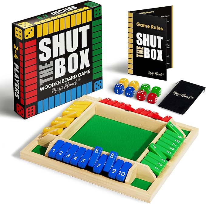 Classic Original Shut The Box Game, Math Dice Board Game for Family Night Classroom Travel, Wooden Table for Group Kid Adult Senior, Camp Party Bar, Easy Quick and Fun, 2-4 Players