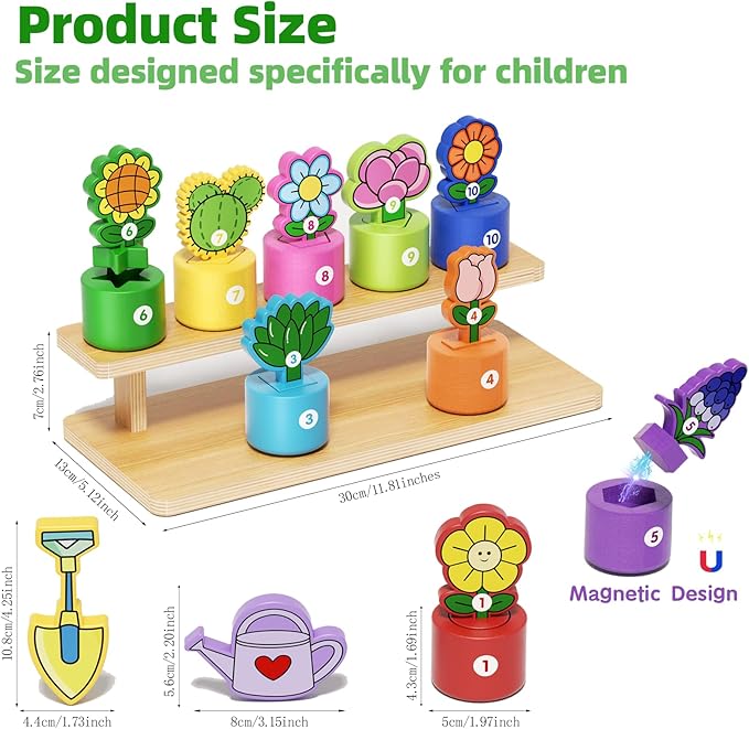 GJZZ Montessori Shape and Color Sorting Toys - Wooden Pretend Play Gardening Set with Stand for 2 3 Year Old Girls Boys, Number Cognition for Toddler Kids, Fine Motor Skills