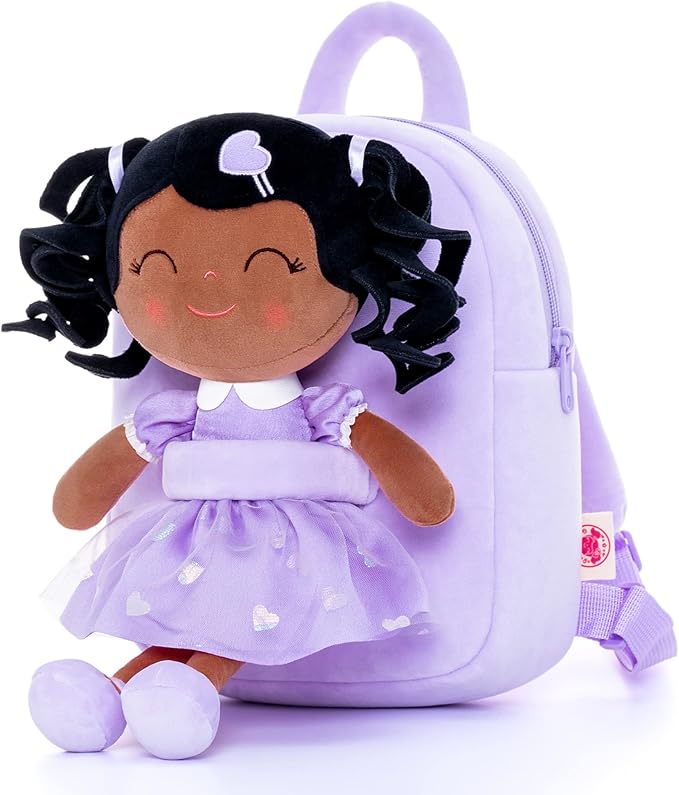 Gloveleya Back to School Gifts for Girls Toddler Backpack Baby Girls Gift Plush Bag Diaper Bag with Spring Girl Doll Curly Hair Girl Toys with Love Brown Purple 9 Inches