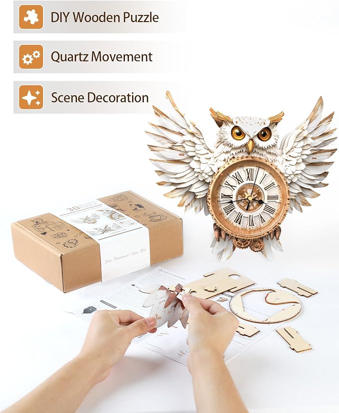 3D Wooden Puzzles for Adults,Snowy Owl DIY Clock Kit with Pendulum - Creative Gift Idea,Beginner 31 Pieces 3D Puzzles for Teens & Adults Home Decor